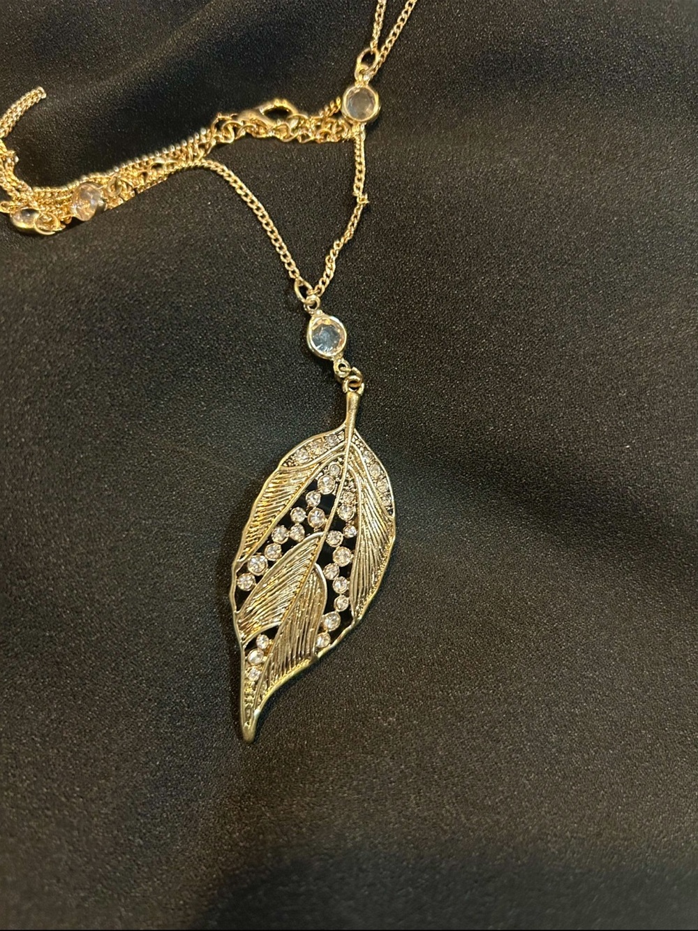 Gold Leaf Pendant Necklace with Crystal Accents - Women Jewelry